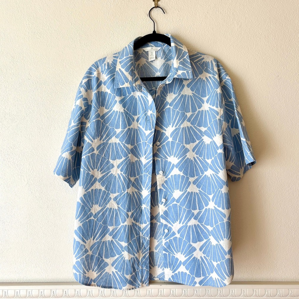 H&M Linen Cotton Relaxed Resort Shirt Men's M Hawaii Tropical Blue Cream Shells
